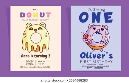Set of birthday invitations with funny donut in kawaii style. Kids vector illustration for boy and girl