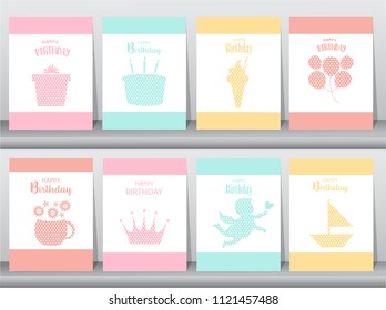 Set of birthday invitations on paper cards, poster, greeting, template, animals,cake,ice cream,Vector illustrations 