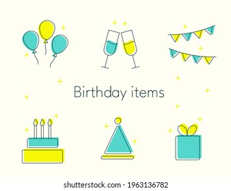 A set of birthday items. Balloons, gift, glasses of champagne, party decorations, cake, party cap. Vector icons