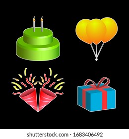 a set of birthday items. cakes, fireworks, balloons and gifts