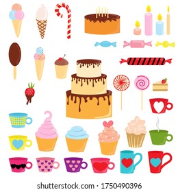 Set of birthday items from cakes, muffins, cups, sweets and ice cream in a flat style isolated on white background. Stock vector illustration for decoration and design, packaging, cards, web pages