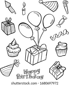set of birthday items greeting card greeting card banner outline stroke vector isolate holiday prints