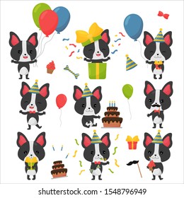 Set of birthday kawaii french bulldog with cake, balloons, gifts and mask. Vector cartoon character - puppy.