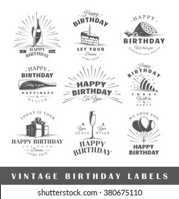 Set of birthday labels. Elements for design on the birthday theme. Collection of birthday symbols: cake, hat, balloons. Modern labels of birthday. Vector illustration 