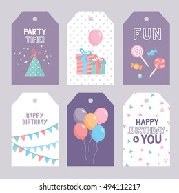 Set of Birthday labels template with funny illustration and typography. Birthday concept. Candy, gifts, balloons, garland and hat. For baby birthday, party, invitation.