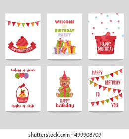 Set of Birthday labels template with funny illustration and typography. Birthday concept. Cupcake, gift, garland and teddy bear. For baby birthday, party, invitation.