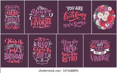 Set with Birthday lettering in retro style. Anniversary invitation cards. Vintage invitation templates for celebration design. Funny quotes. Vector