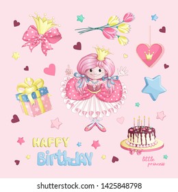 Set for the birthday of a little princess. Cute girl princess in a beautiful dress, a crown with a bow, princess medallion print, gift box, cake with candles, cartoon inscription. Vector character and