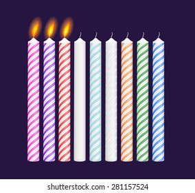 Set of birthday multicolored candles. New, burning candles. Vector illustration. EPS 10