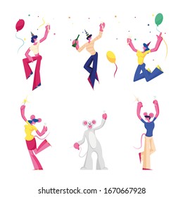 Set Birthday and New Year Party Celebration. Group of Cheerful People, Friends Characters in Mouse Costumes and Festive Hats Dancing with Champagne and Sparklers in Hands. Cartoon Vector Illustration