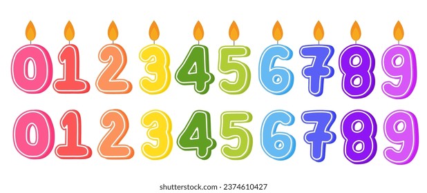 Set of birthday number candles for cake.0,1,2,3,4,5,6,7,8 and 9.Celebration and anniversary party concept.Elements.Flat design.Sign, symbol, icon or logo isolated.Cartoon vector illustration.