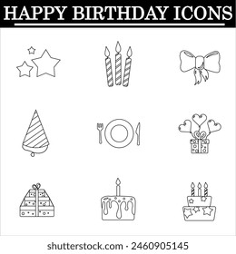 Set of birthday outline icons on the white background. Celebration icons. Isolated vector.