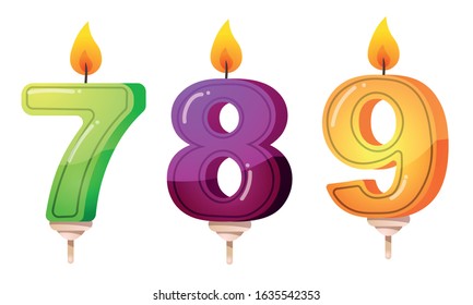 Set of a birthday party, anniversary candles in the form of numbers. Vector illustration in flat cartoon style.