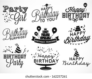 Set of Birthday Party Calligraphic Illustrations in Vintage Style