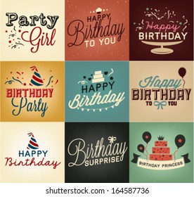 Set of Birthday Party Calligraphic Illustrations in Vintage Style