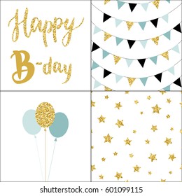 Set of Birthday party cards and seamless pattern backgrounds. Hand drawn vector illustration in scandinavian style. 