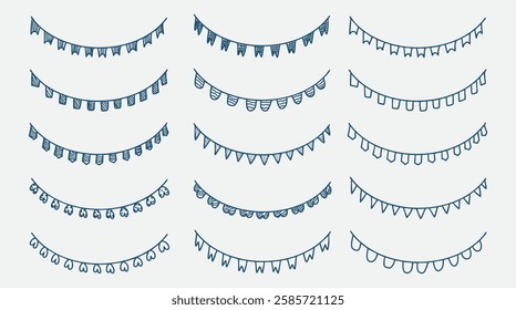 set of birthday, party, carnival banners, flag line doodle. Vector illustration