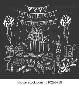 set of birthday party collection using doodle art or hand drawing style on chalkboard background