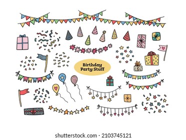 Set of birthday party decor elements. Doodle style colorful flag garlands, birthday caps, greeting gift boxes, balloons, flags and confetti fireworks. Cute hand drawn isolated vector illustration.