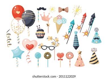 Set of birthday party decoration. Festive kit happy anniversary day rocket fireworks, balloons, gifts, ties, bows, gifts, carnival masks, sweet cake cupcake for celebrating holiday vector