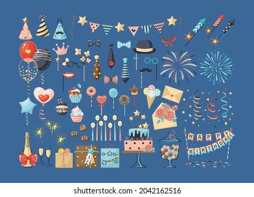 Set of birthday party decoration. Festive kit happy anniversary day rocket fireworks, balloons, gifts, flags, candles, gifts, champagne, carnival masks, sweet cake for celebrating holiday vector