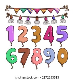 Set of Birthday party decorations with flags and numbers one to zero balloon in cartoon style on white background, vector illustration