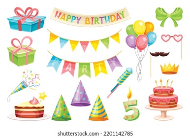 Set of Birthday party decorations. Stickers with element for holiday, carnival or event. Birthday cake, balloon, garland, confetti and gift. Cartoon flat vector collection isolated on white background