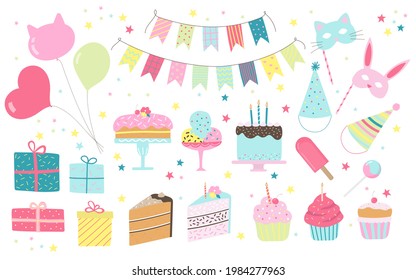 Set of birthday party decorative items. Hand drawn vector elements for celebration such as balloons, cakes, cupcakes, caps, garland, masks, gifts. Illustration in doodle style.	