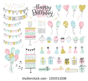 Set of birthday party design elements. Vector illustrations. Party decoration, balloons, gift box, cake with candles, confetti, party hats, cupcakes, bunting banners.