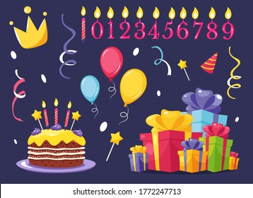 Set von Geburtstagsgestalterelementen. Farbige Ballons, Konfetti, Geschenke, Kerzen, Fest Kuchen. Vektorgrafik im Flachstil.