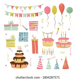 Set with birthday party design elements. Vector illustration