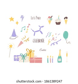 Set of birthday party design elements. Colorful balloons, confetti and decorative hat. Vector illustration