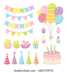 Set of birthday party design elements. Cute collection of balloons, flags, cupcakes, cake, gift boxes, garlands and hats in pastel colors. Vector illustration in cartoon style isolated on a white