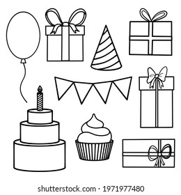 Set of birthday party design elements. Colorful balloons, flags,  cupcakes, gifts, candles. Vector illustration