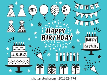 Set of birthday party design elements. Vector illustrations. Party decoration, balloons, gift box, cake with candles, confetti, party hats, cupcakes.