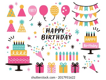 Set of birthday party design elements. Vector illustrations. Party decoration, balloons, gift box, cake with candles, confetti, party hats, cupcakes.