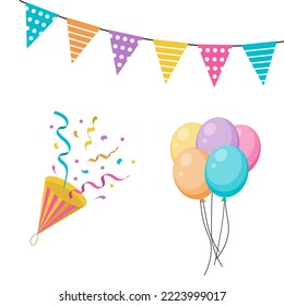 Conjunto de elementos de diseño de fiesta de cumpleaños. Globos coloridos, banderas, confeti, quequitos, regalos, velas, arcos y cintas decorativas.