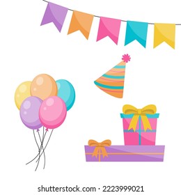 Conjunto de elementos de diseño de fiesta de cumpleaños. Globos coloridos, banderas, confeti, quequitos, regalos, velas, arcos y cintas decorativas.