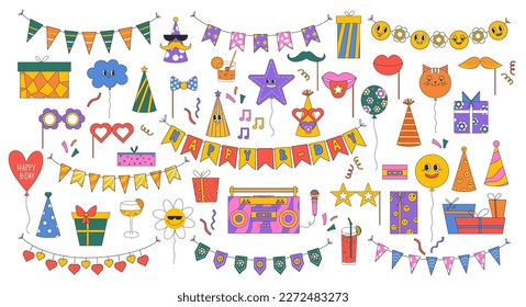 Set of birthday party design elements. Holiday hats, gifts, flags, glasses, confetti, cocktails, balloons and a tape recorder. Birthday party in retro style.