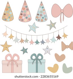 Set von Geburtstagsgestalterelementen. Farbige Flaggen, Herzen, Geschenke, Sterne, Bögen und dekorative Bänder. Vektorgrafik