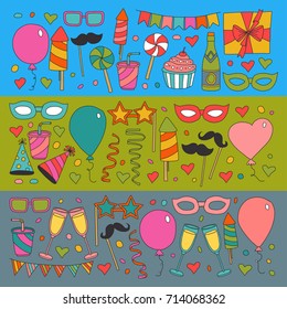 Set of birthday party design elements. Kids drawing. Doodle icons Colorful balloons, flags, confetti, cupcakes, gifts, candles, bows and decorative ribbons. Vector illustration