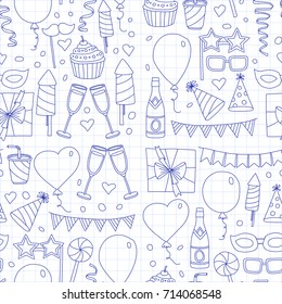Set of birthday party design elements. Kids drawing. Doodle icons Colorful balloons, flags, confetti, cupcakes, gifts, candles, bows and decorative ribbons. Vector illustration