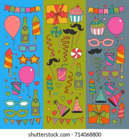 Set of birthday party design elements. Kids drawing. Doodle icons Colorful balloons, flags, confetti, cupcakes, gifts, candles, bows and decorative ribbons. Vector illustration