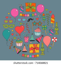 Set of birthday party design elements. Kids drawing. Doodle icons Colorful balloons, flags, confetti, cupcakes, gifts, candles, bows and decorative ribbons. Vector illustration