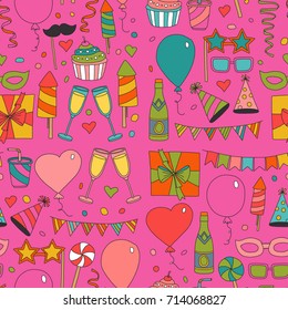 Set of birthday party design elements. Kids drawing. Doodle icons Colorful balloons, flags, confetti, cupcakes, gifts, candles, bows and decorative ribbons. Vector illustration