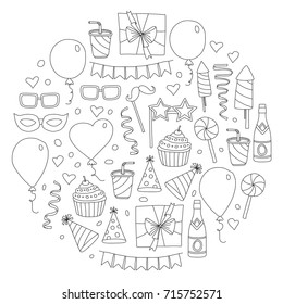 Set of birthday party design elements. Kids drawing. Doodle icons Colorful balloons, flags, confetti, cupcakes, gifts, candles, bows and decorative ribbons. Vector illustration