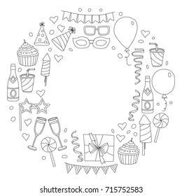 Set of birthday party design elements. Kids drawing. Doodle icons Colorful balloons, flags, confetti, cupcakes, gifts, candles, bows and decorative ribbons. Vector illustration
