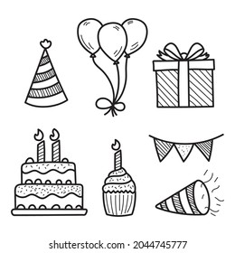 Set of birthday party doodle element vectors isolated on white background