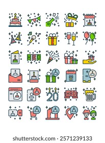 set of birthday party element filled outline icon vector illustration