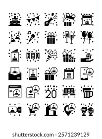 set of birthday party element solid glyph icon vector illustration